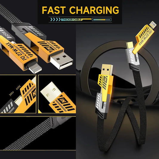 4-in-1 USB-C Charging Cable [65W, 4FT] – Flat Braided Multi-Charger Cord with USB-C, USB-A & Lightning Connectors, Supports Data Transfer – Compatible with iPhone, iPad & More Devices
