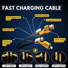 4-in-1 USB-C Charging Cable [65W, 4FT] – Flat Braided Multi-Charger Cord with USB-C, USB-A & Lightning Connectors, Supports Data Transfer – Compatible with iPhone, iPad & More Devices